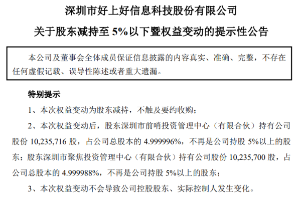 2025最可靠的网上股票配资公司 好上好：股东前哨投资、聚焦投资累计减持1.344%股份